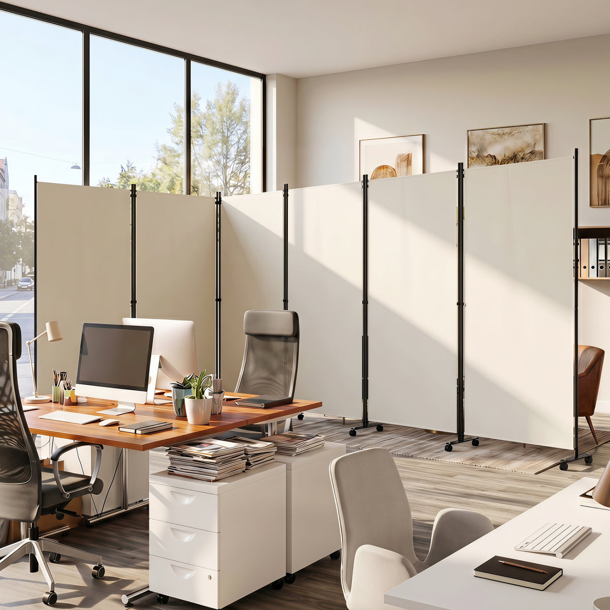 6 Panel Folding Privacy Screen Room Divider with Wheels-White view 2