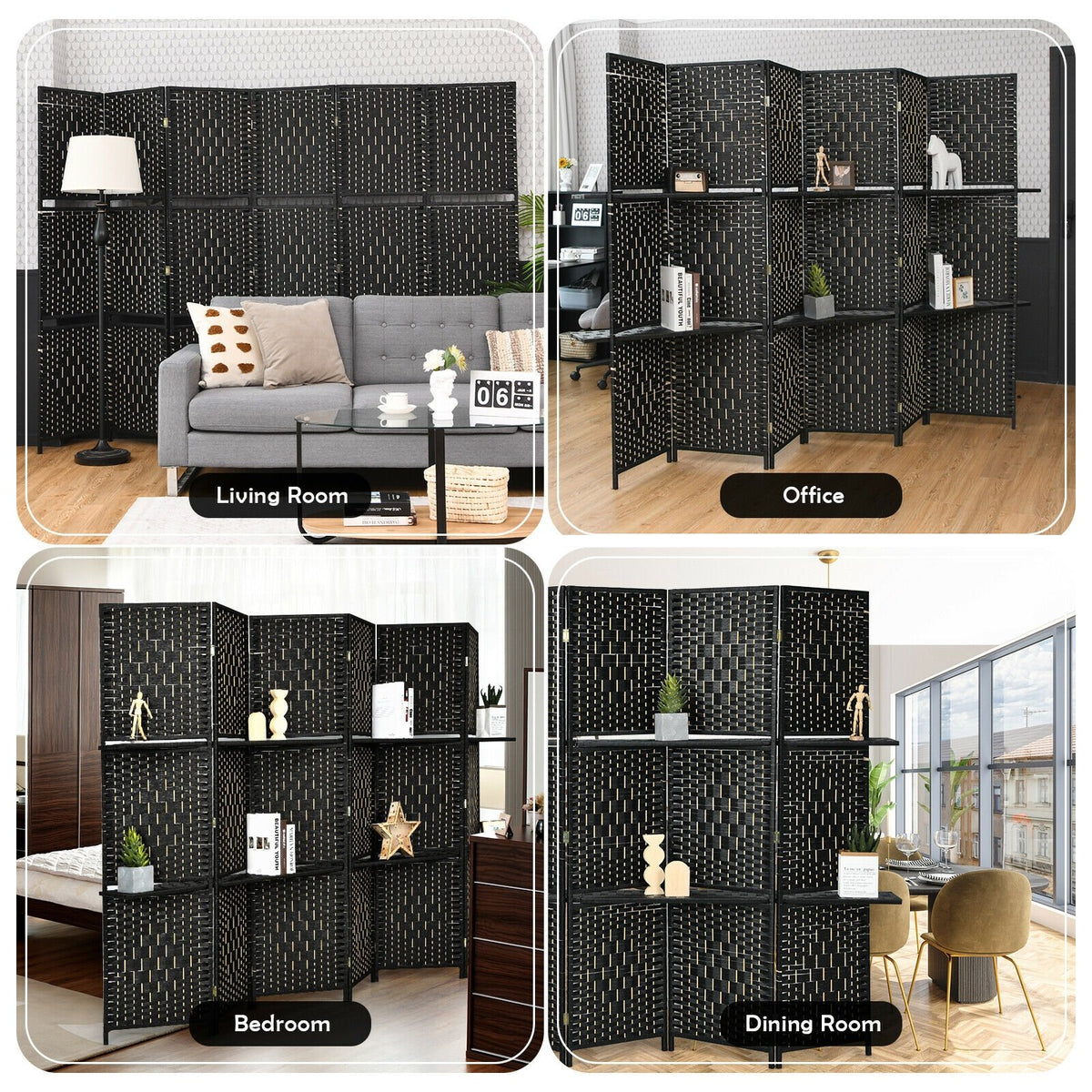 6 Panel Folding Weave Fiber Room Divider with 2 Display Shelves -Black view 2