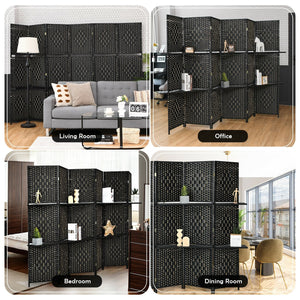 6 Panel Folding Weave Fiber Room Divider with 2 Display Shelves -Black view 2