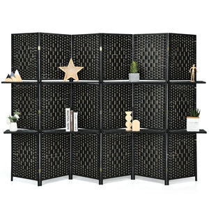 6 Panel Folding Weave Fiber Room Divider with 2 Display Shelves -Black view 3
