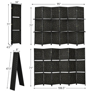 6 Panel Folding Weave Fiber Room Divider with 2 Display Shelves -Black view 4