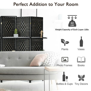 6 Panel Folding Weave Fiber Room Divider with 2 Display Shelves -Black view 5