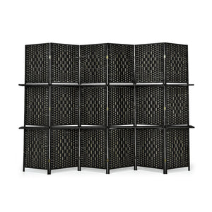 6 Panel Folding Weave Fiber Room Divider with 2 Display Shelves -Black view 6