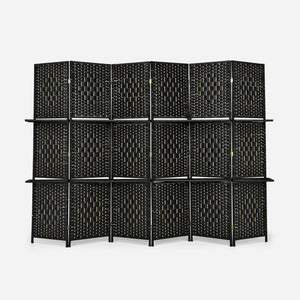 6 Panel Folding Weave Fiber Room Divider with 2 Display Shelves -Black view 7