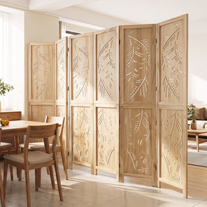 6-Panel Wooden Room Divider with Palm Leaf Design & Paulownia Frame for Home view 3