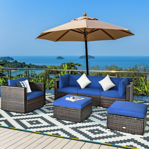6 Pieces Patio Rattan Furniture Set with Sectional Cushion-Blue view 2