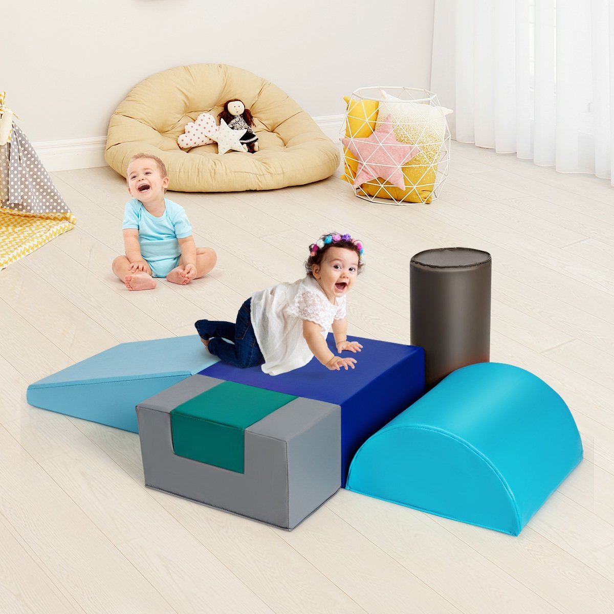 6 Piece Climb Crawl Play Set Indoor Kids Toddler-Light Blue view 2