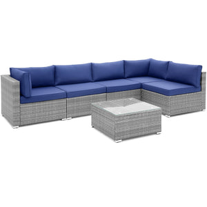 6 Piece Patio Conversation Sofa Set with Tempered Glass Coffee Table-Navy view 4