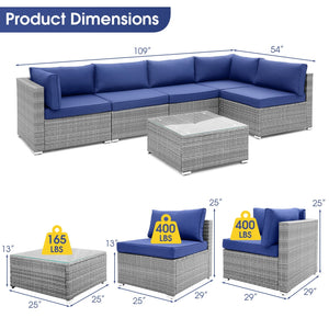 6 Piece Patio Conversation Sofa Set with Tempered Glass Coffee Table-Navy view 5