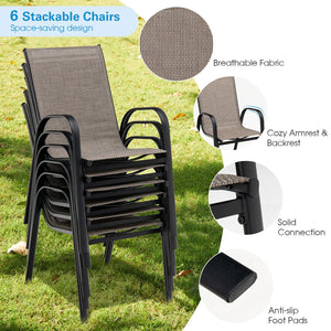 6 Pieces Patio Stackable Dining Chairs with Curved Armrests and Breathable Fabric view 3