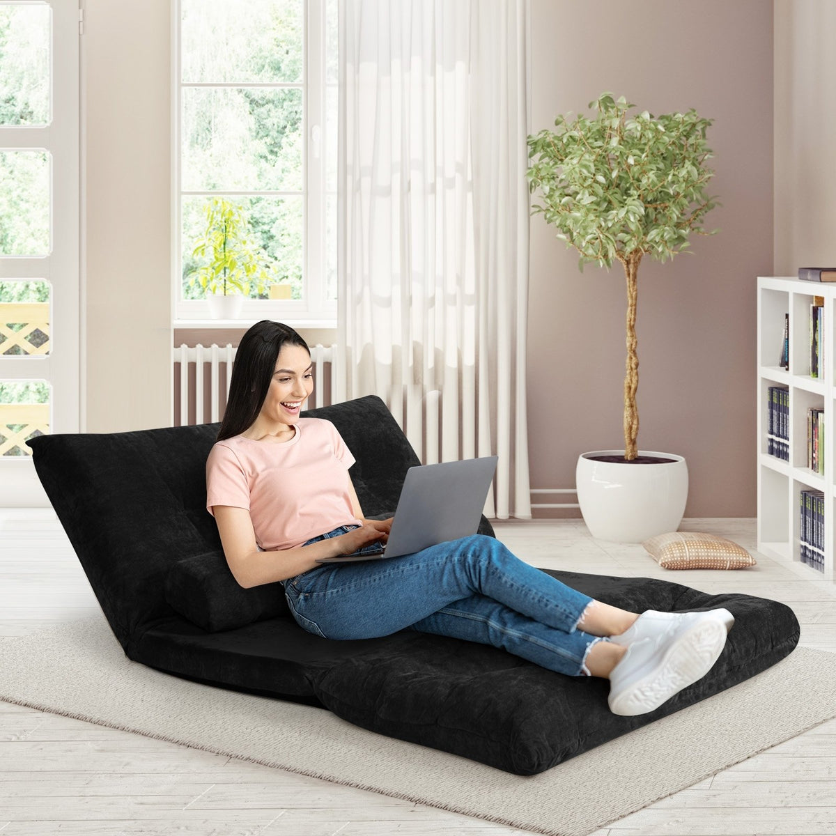 6-Position Adjustable Sleeper Lounge Couch with 2 Pillows-Black view 2