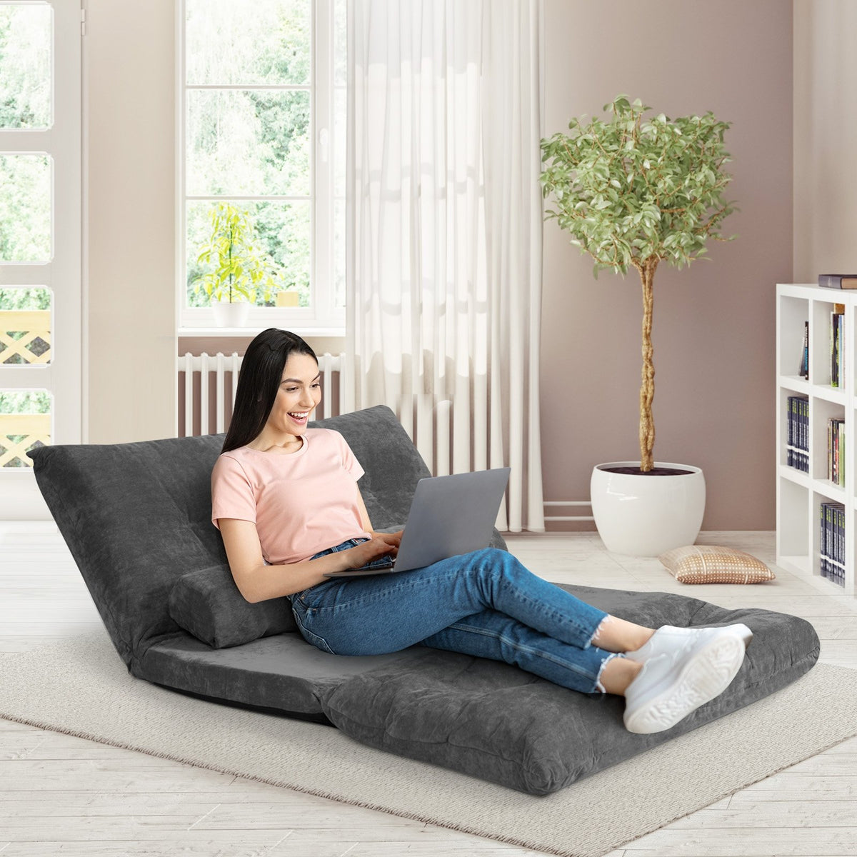 6-Position Adjustable Sleeper Lounge Couch with 2 Pillows-Gray view 2