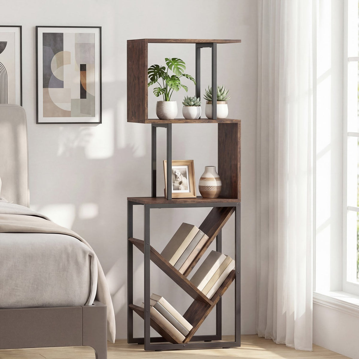 6-Tier Bookshelf Floor Standing Tree S-Shaped Geometric Bookcase with Open Shelves-Brown view 2