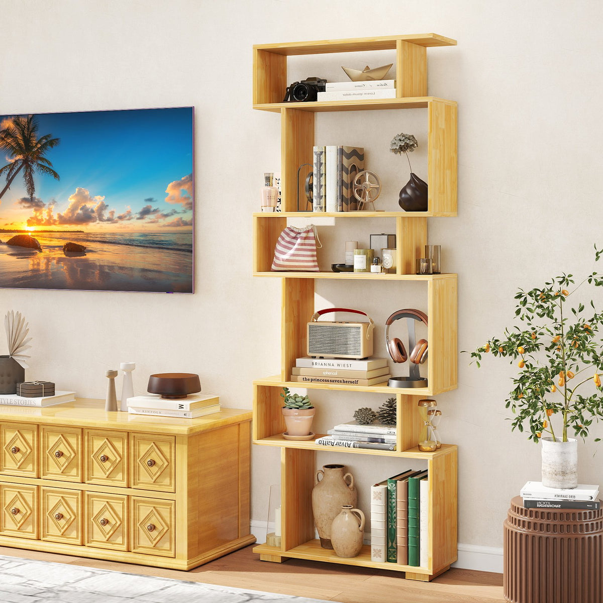 6-Tier Geometric Bookshelf with 2 Anti-Tipping Kits for Home Office-Wood view 2