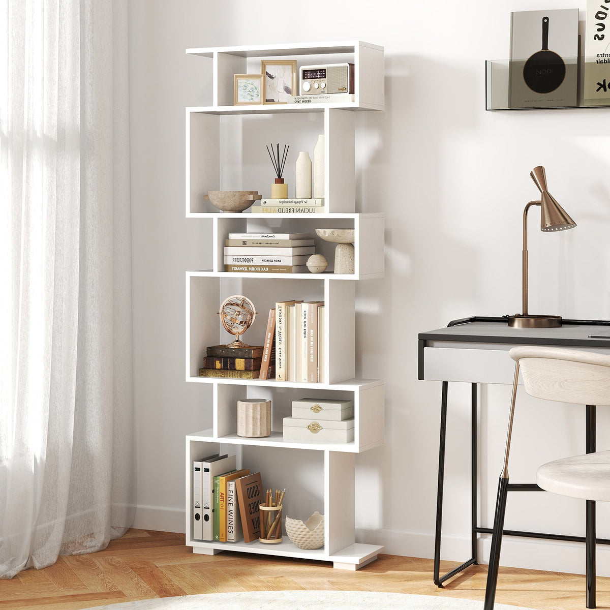 6-Tier Geometric Bookshelf with 2 Anti-Tipping Kits for Home Office-White view 2
