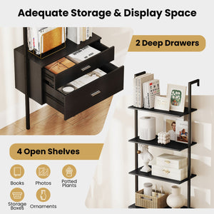6-Tier Ladder Bookcase with 2 Drawers and Metal Frame-Black view 7
