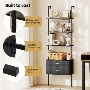6-Tier Ladder Bookcase with 2 Drawers and Metal Frame-Black view 8