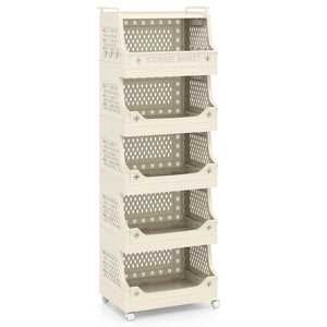6-Tier Rolling Laundry Basket with Wheels Plastic Storage Cart with Side Hooks