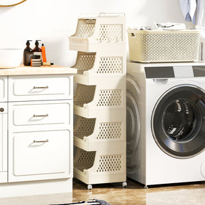 6-Tier Rolling Laundry Basket with Wheels Plastic Storage Cart with Side Hooks view 2