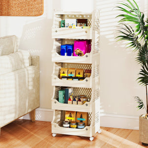 6-Tier Rolling Laundry Basket with Wheels Plastic Storage Cart with Side Hooks view 3
