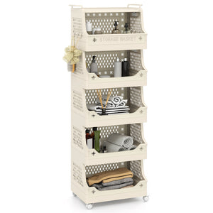 6-Tier Rolling Laundry Basket with Wheels Plastic Storage Cart with Side Hooks view 4