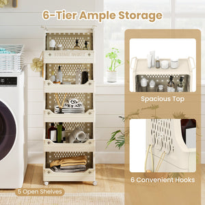 6-Tier Rolling Laundry Basket with Wheels Plastic Storage Cart with Side Hooks view 6