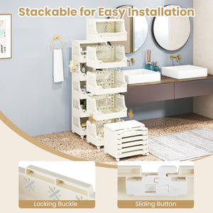 6-Tier Rolling Laundry Basket with Wheels Plastic Storage Cart with Side Hooks view 9