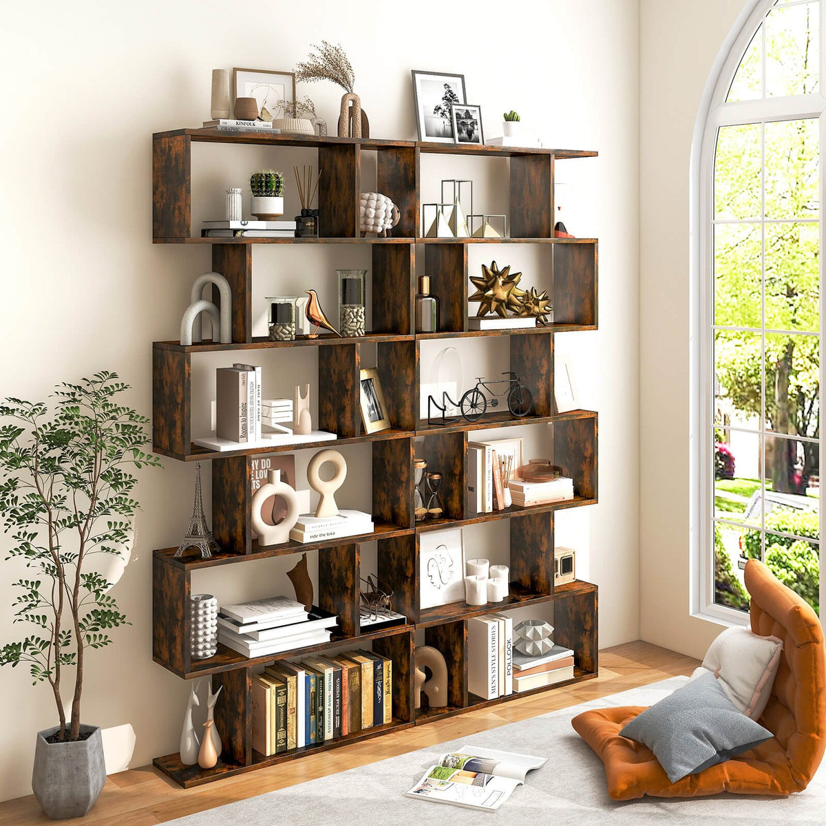 6 Tier S-Shaped Bookshelf Storage Display Bookcase Decor Z-Shelf -Coffee view 2