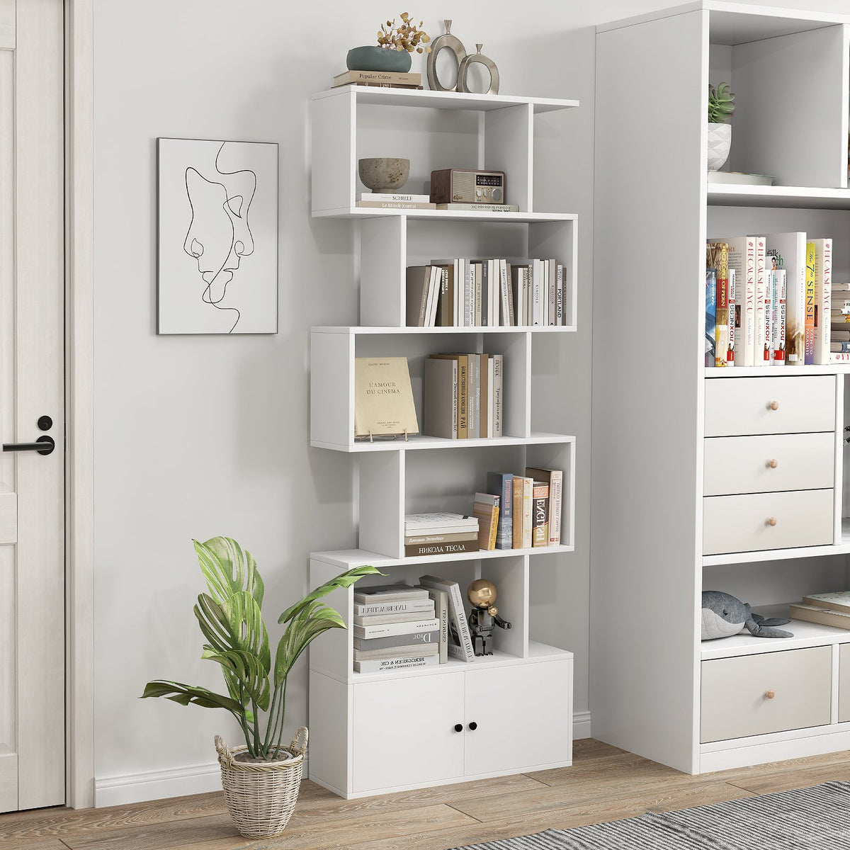 6-Tier S-Shaped Freestanding Bookshelf with Cabinet and Doors-White view 2
