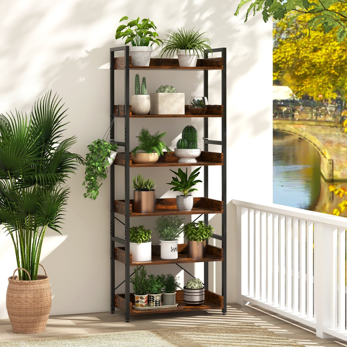 6-Tier Tall Industrial Bookcase with Open Shelves and 4 Hooks-Brown view 2