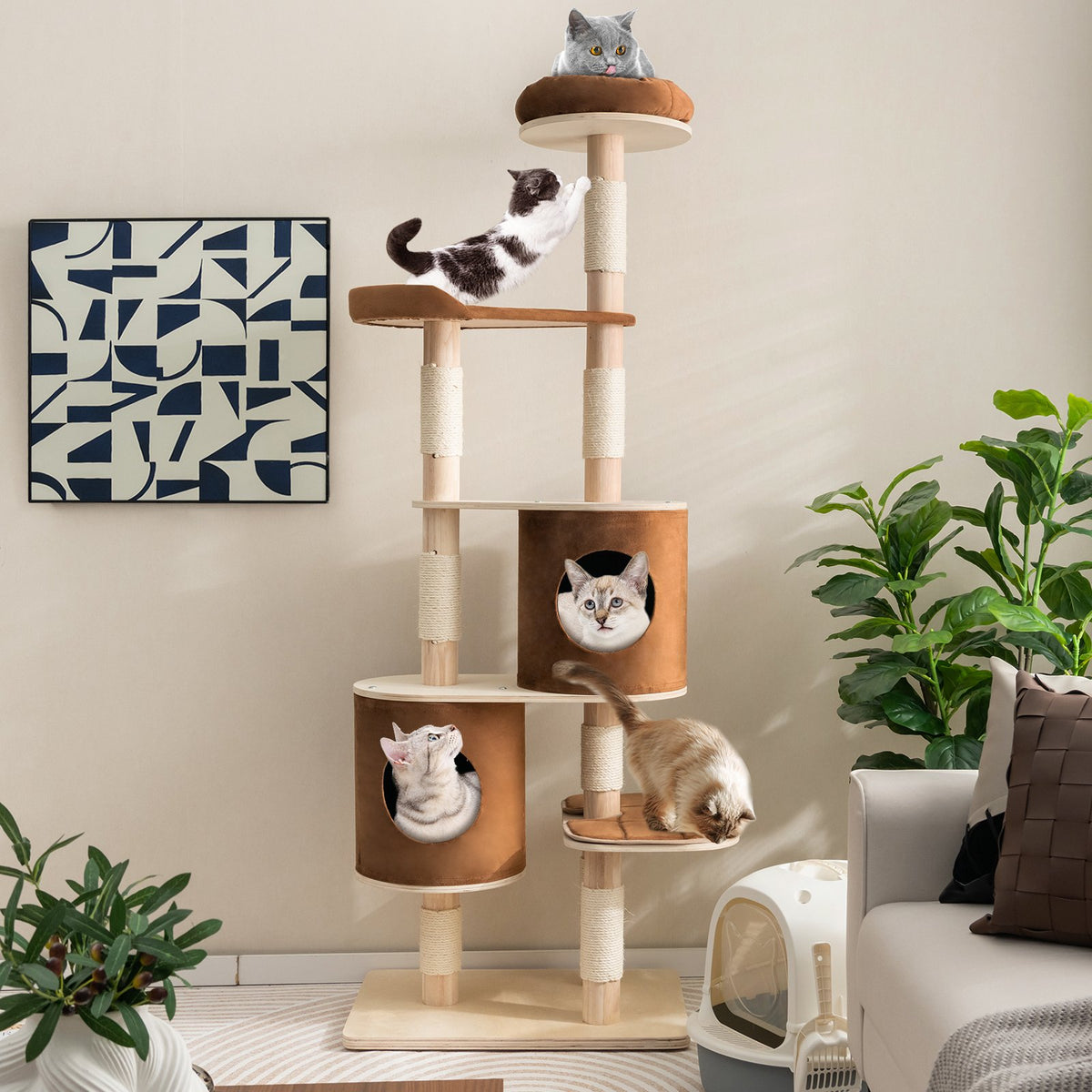 6-Tier Wooden Cat Tree with 2 Removeable Condos Platforms and Perch-Brown view 2
