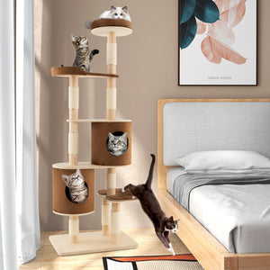 6-Tier Wooden Cat Tree with 2 Removeable Condos Platforms and Perch-Brown view 3
