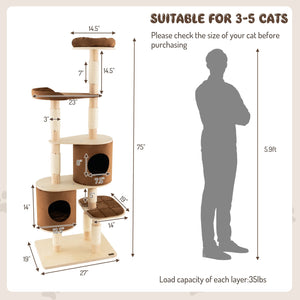 6-Tier Wooden Cat Tree with 2 Removeable Condos Platforms and Perch-Brown view 4