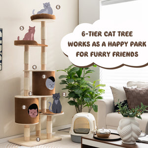 6-Tier Wooden Cat Tree with 2 Removeable Condos Platforms and Perch-Brown view 5