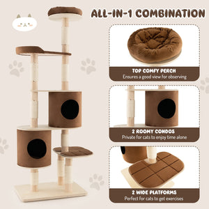 6-Tier Wooden Cat Tree with 2 Removeable Condos Platforms and Perch-Brown view 6
