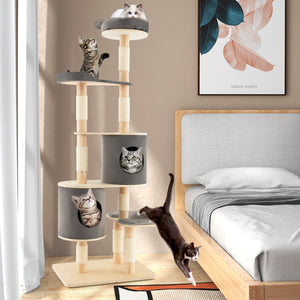 6-Tier Wooden Cat Tree with 2 Removeable Condos Platforms and Perch-Gray view 3