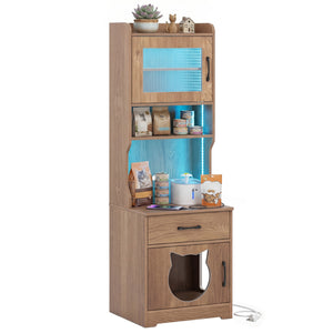 60 inches Cat Litter Box Enclosure with Adjustable LED Light & Storage Shelves and Charging Station-Natural view 6