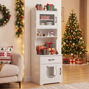60 inches Cat Litter Box Enclosure with Adjustable LED Light & Storage Shelves and Charging Station-White view 2