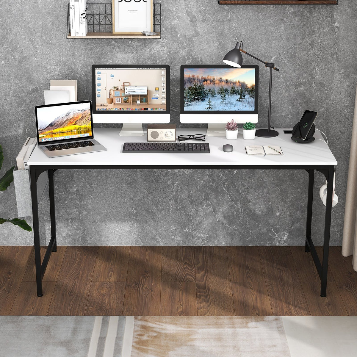 60 Inch Computer Desk with Charging Station Storage Bag-White view 2
