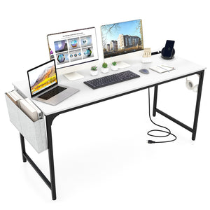 60 Inch Computer Desk with Charging Station Storage Bag-White view 4