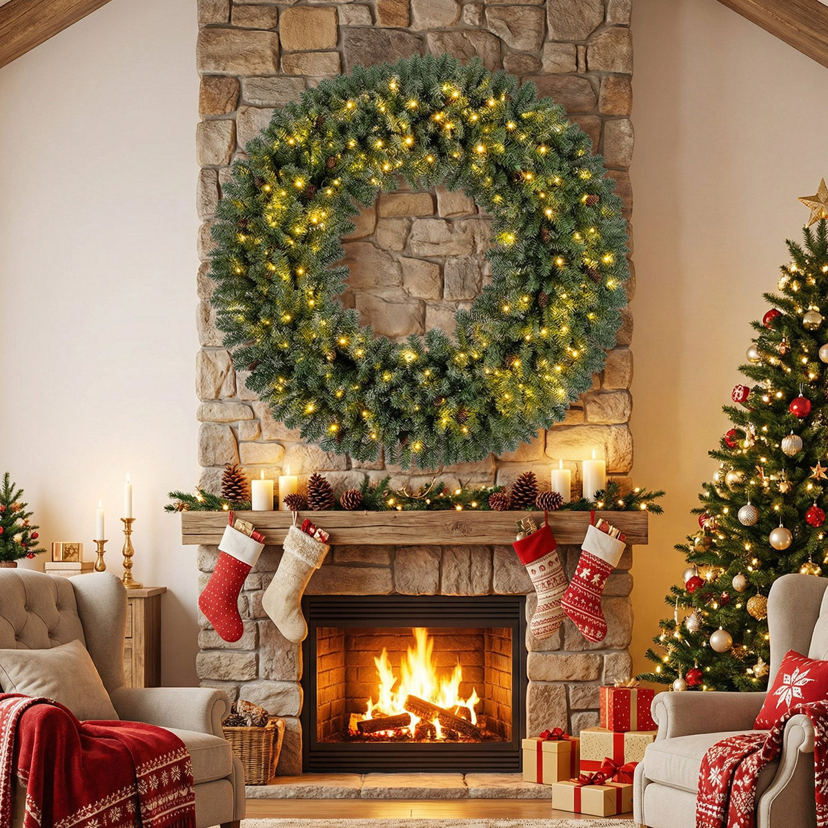 60 Inch Pre-Lit Artificial Christmas Wreath 200 LED Warm White Lights-Set of 2 view 2
