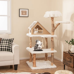 60 Inch Tall Solid Wood Cat Tree Modern Wooden Cat Tower with 2 Perches-White view 2
