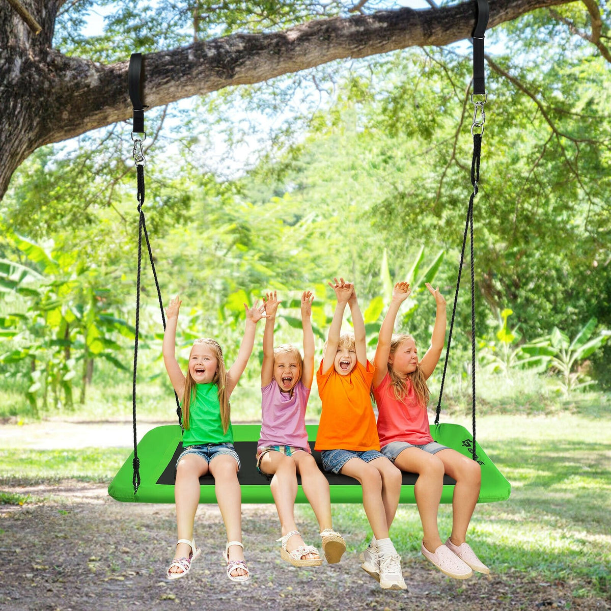 60 Inch Platform Tree Swing Outdoor with 2 Hanging Straps-Green view 2
