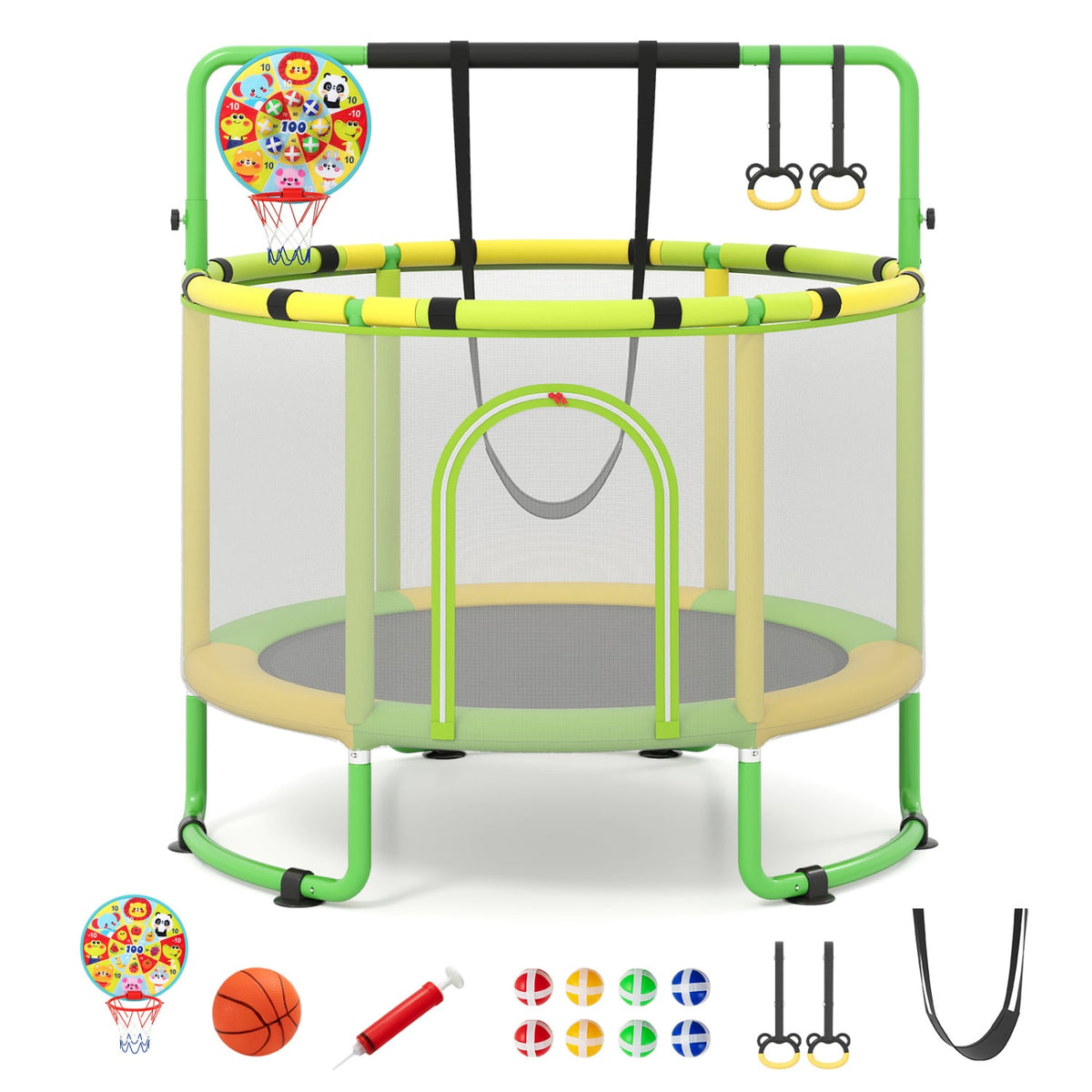 60 inch 6-in-1 Kids Toddler Trampoline with Gymnastics Bar-Green view 2