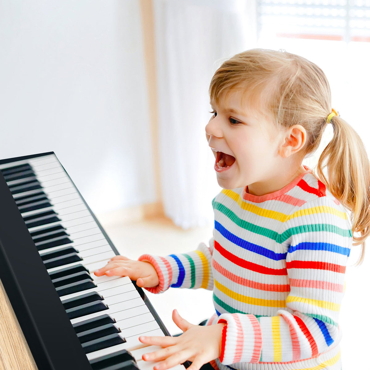61-Key Folding Piano Keyboard with Full Size Keys and Music Stand-Black view 2