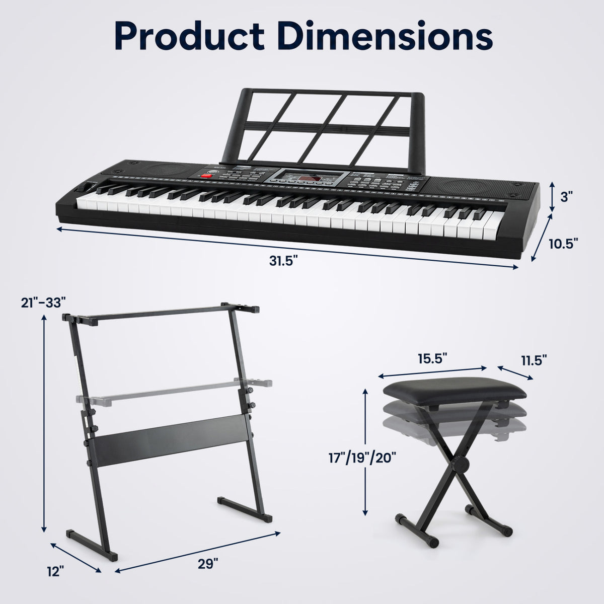 61 Key Keyboard Piano for Beginners with Stand Stool Lighted Keys-Black view 2