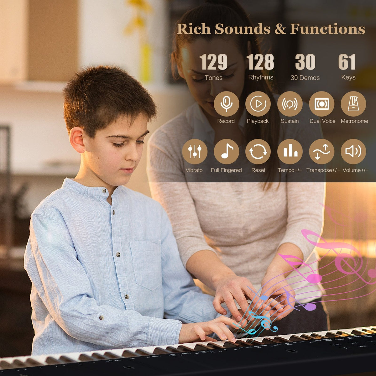 61-Key Portable Electronic Keyboard Piano Complete Digital Piano Set with Stand and Stool view 2