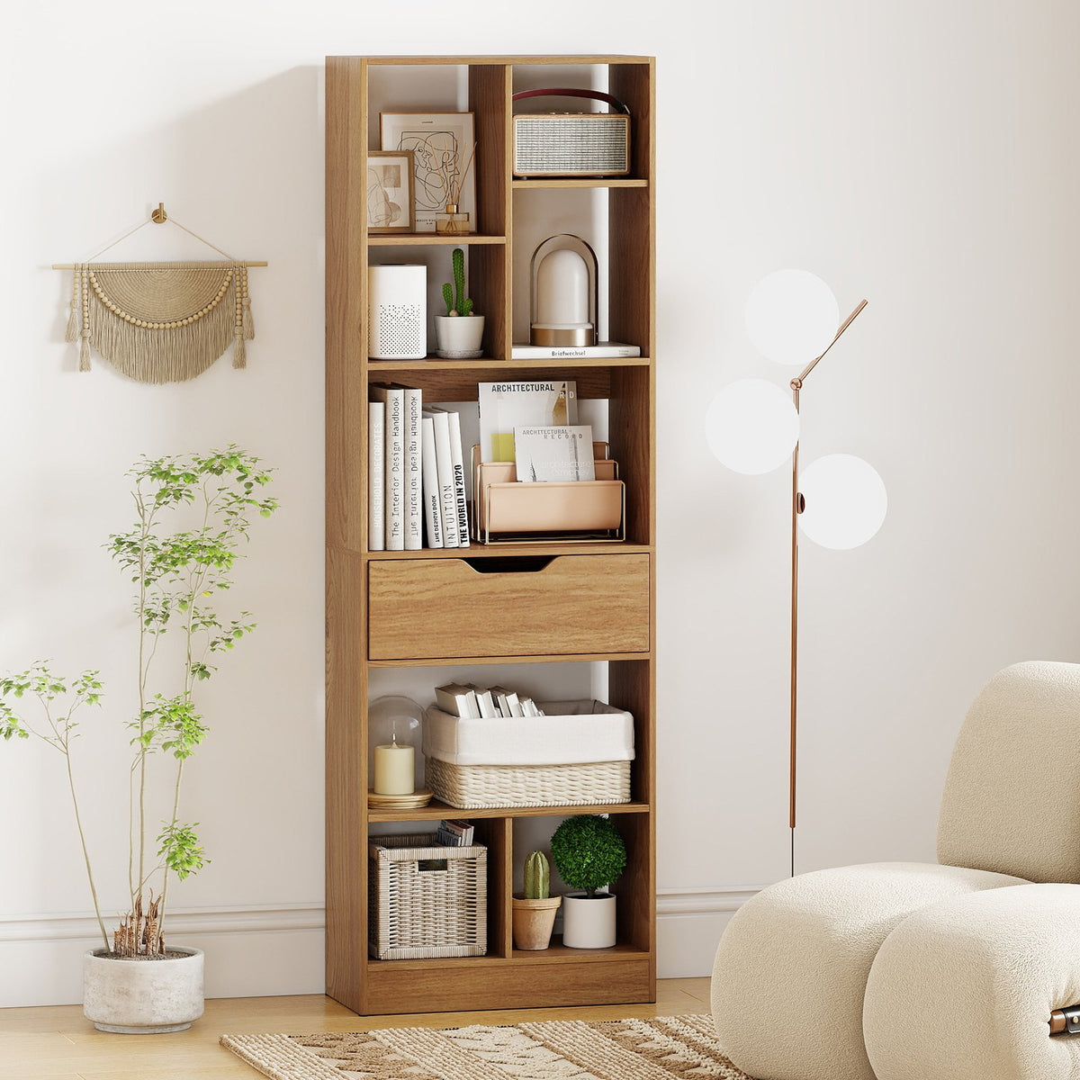 61inch Tall Freestanding Bookcase with Drawer 8-Cube Storage Organizer-Natural view 2