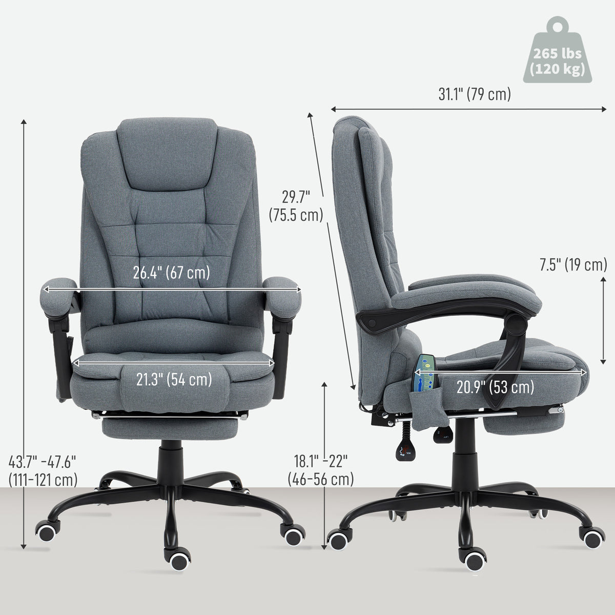 7-Point Vibrating Massage Chair, Reclining Office Chair with Footrest, Reclining Back, Adjustable Height, Grey