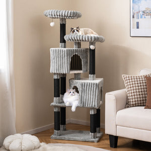 62 Inch Tall Cat Tower with Scratching Posts and Soft Flannel Covering-Light Gray view 2